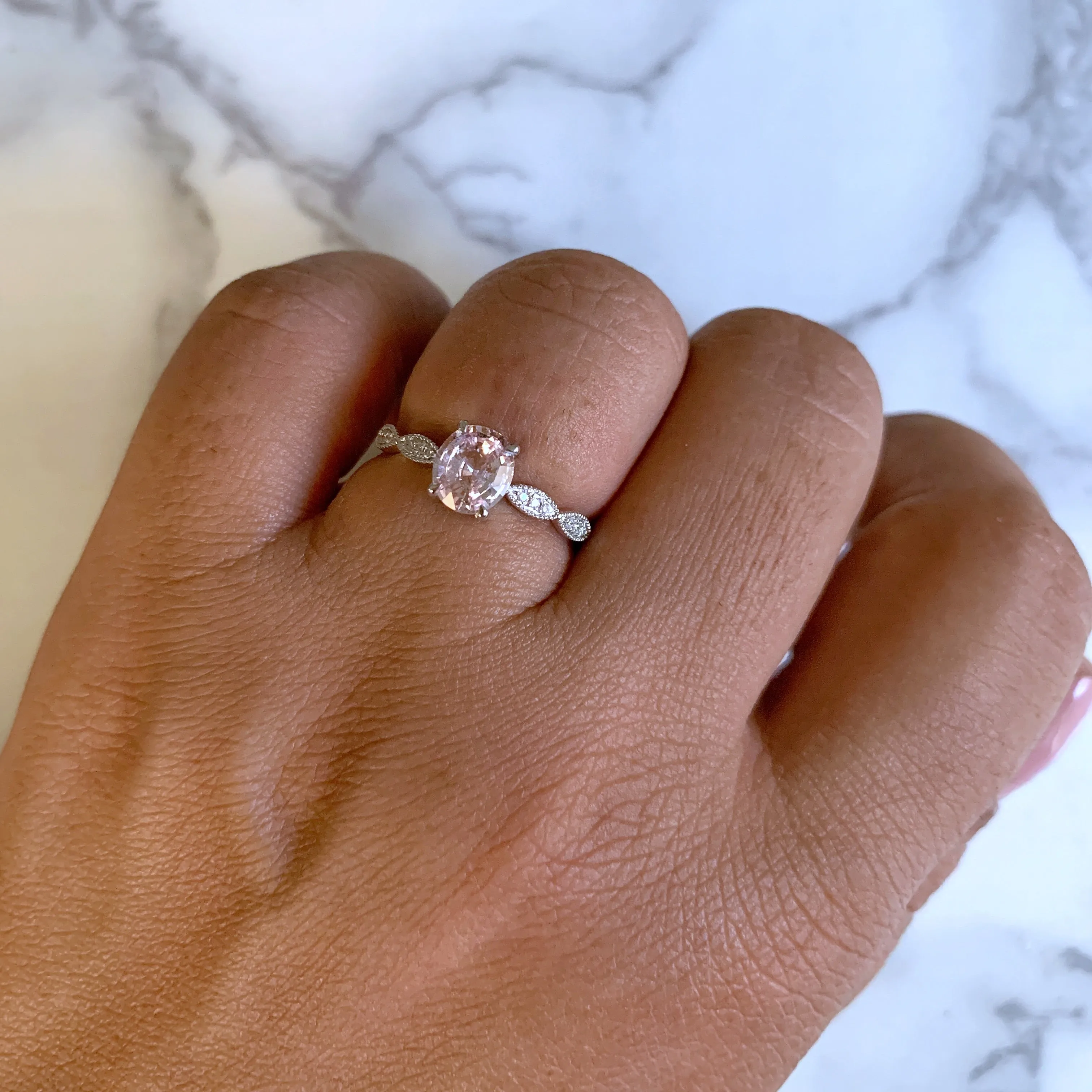 1.14ct Oval Pink Sapphire Ring with Diamond Accents in 18K White Gold