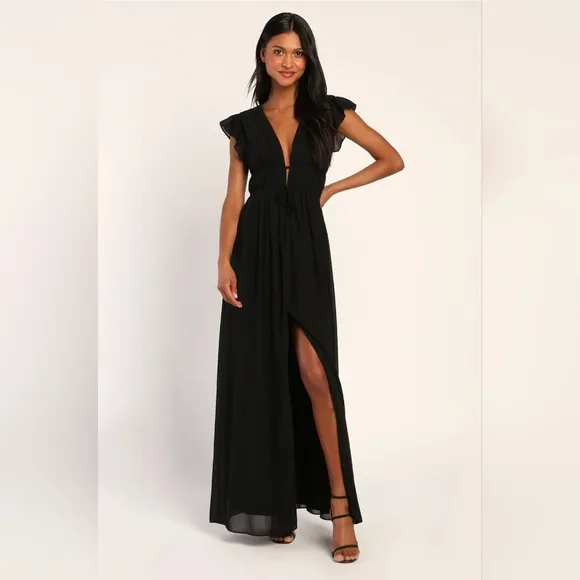 #196 Lulus I'm All Yours Black Ruffled Maxi Dress