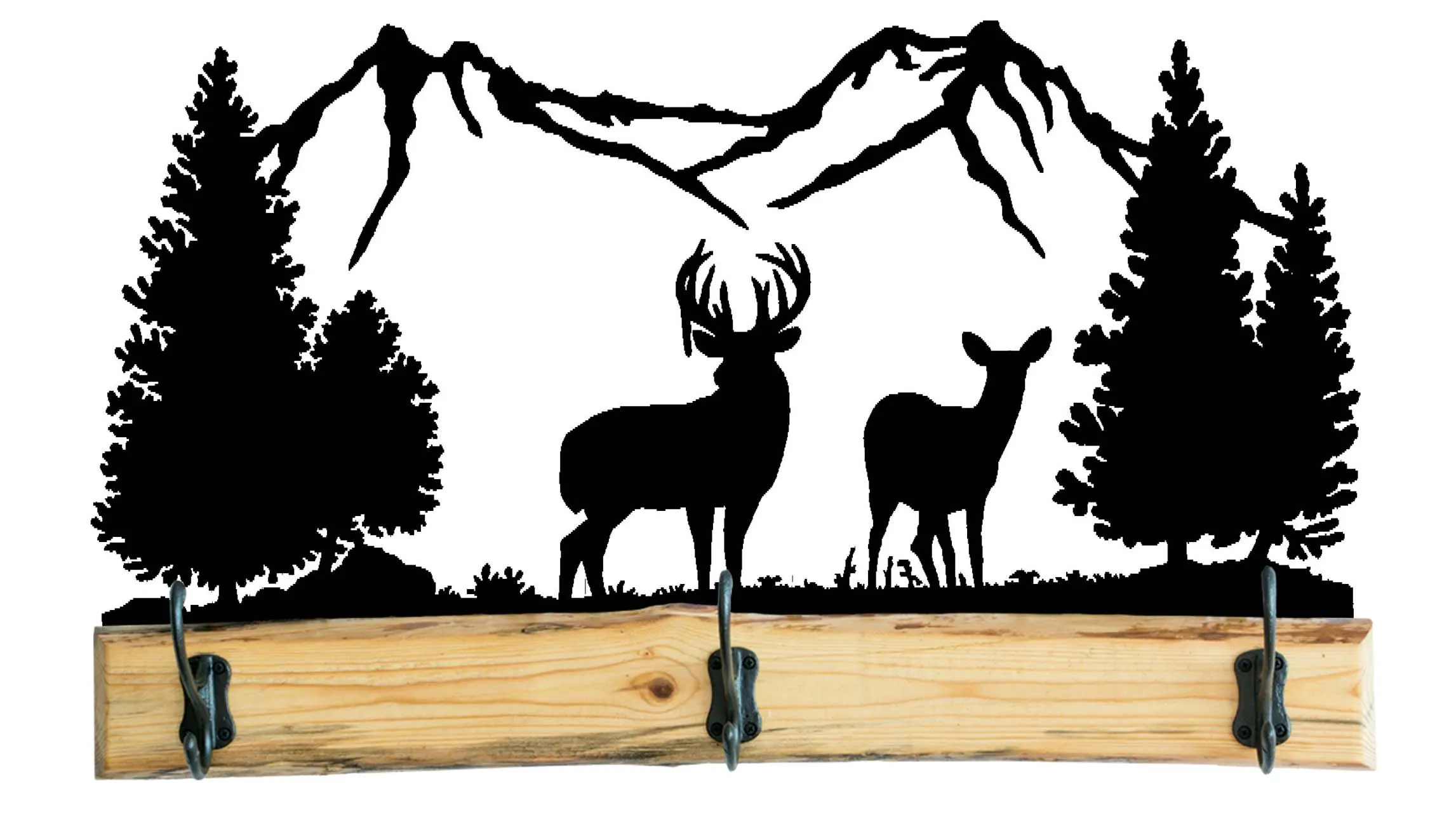 28 Inch Rustic Wooden Coat Racks - Full Metal Woodland Scene