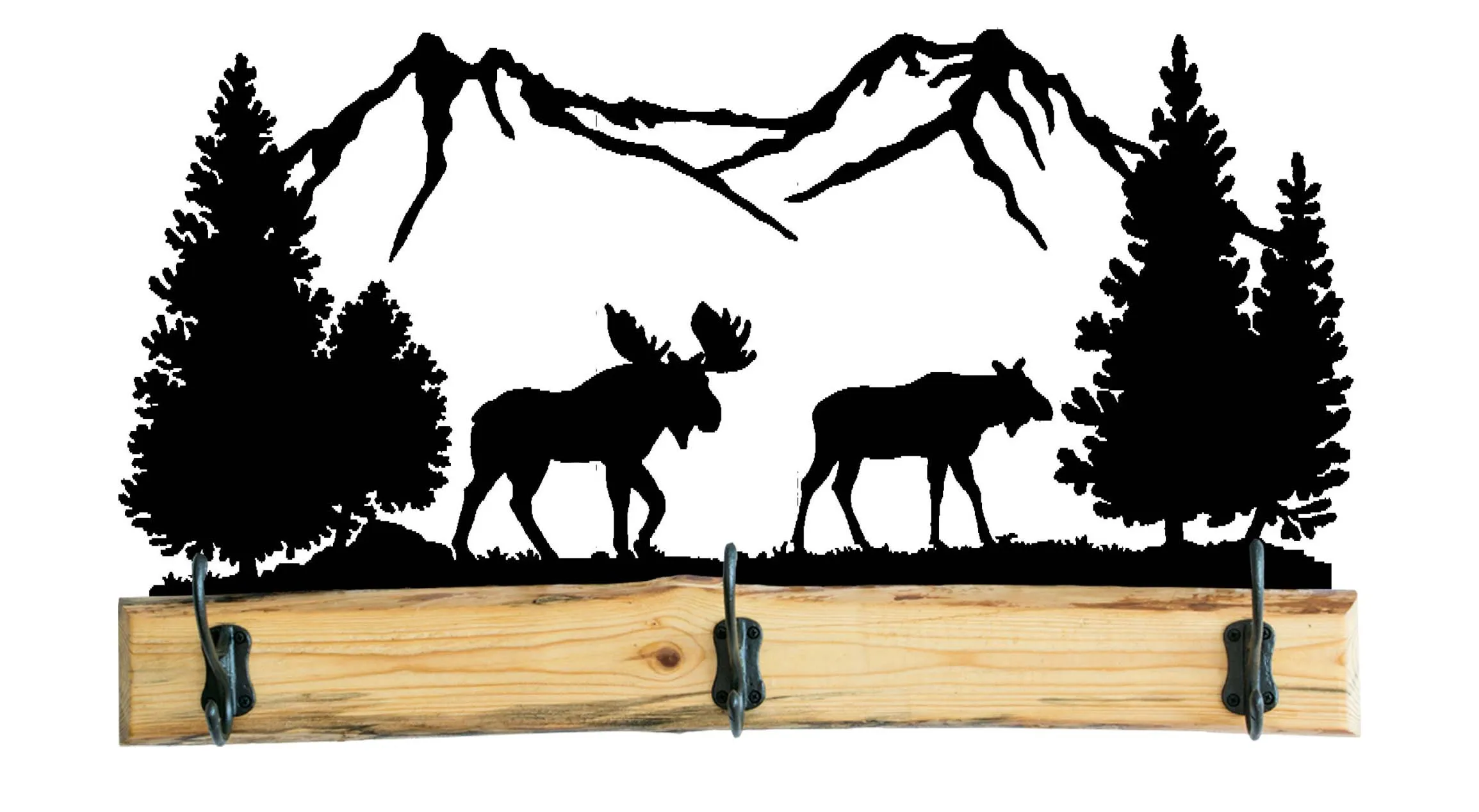 28 Inch Rustic Wooden Coat Racks - Full Metal Woodland Scene