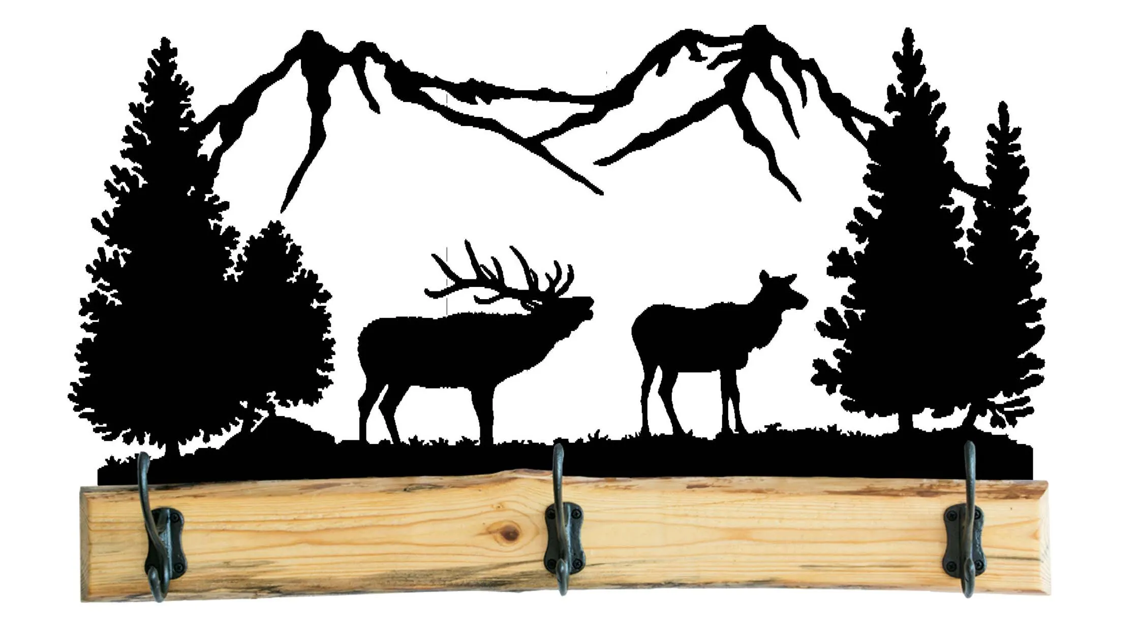 28 Inch Rustic Wooden Coat Racks - Full Metal Woodland Scene