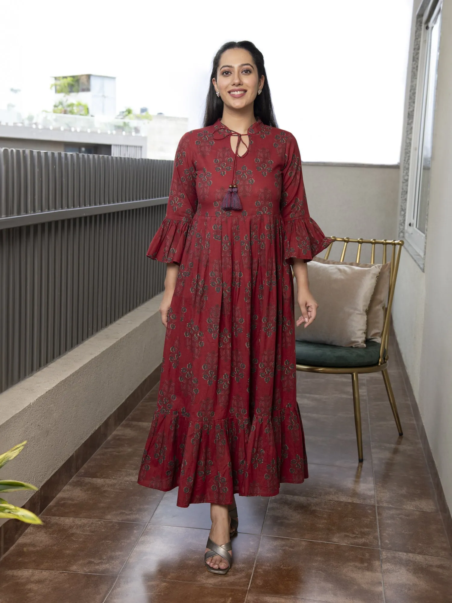 AAHELI THANVI MAROON PRINTED COTTON MAXI DRESS