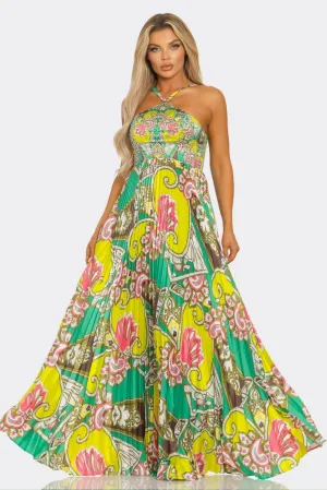 ABSTRACT MULTI PRINT PLEATED MAXI DRESS