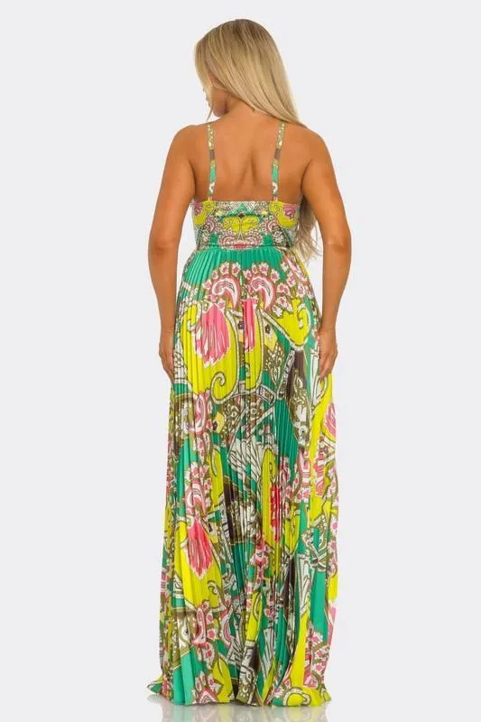 ABSTRACT MULTI PRINT PLEATED MAXI DRESS