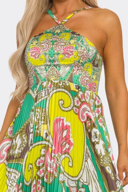 ABSTRACT MULTI PRINT PLEATED MAXI DRESS
