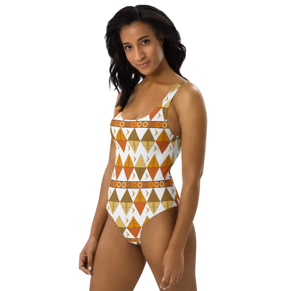 African Tribal Print One-Piece Swimsuit - Earthy/White