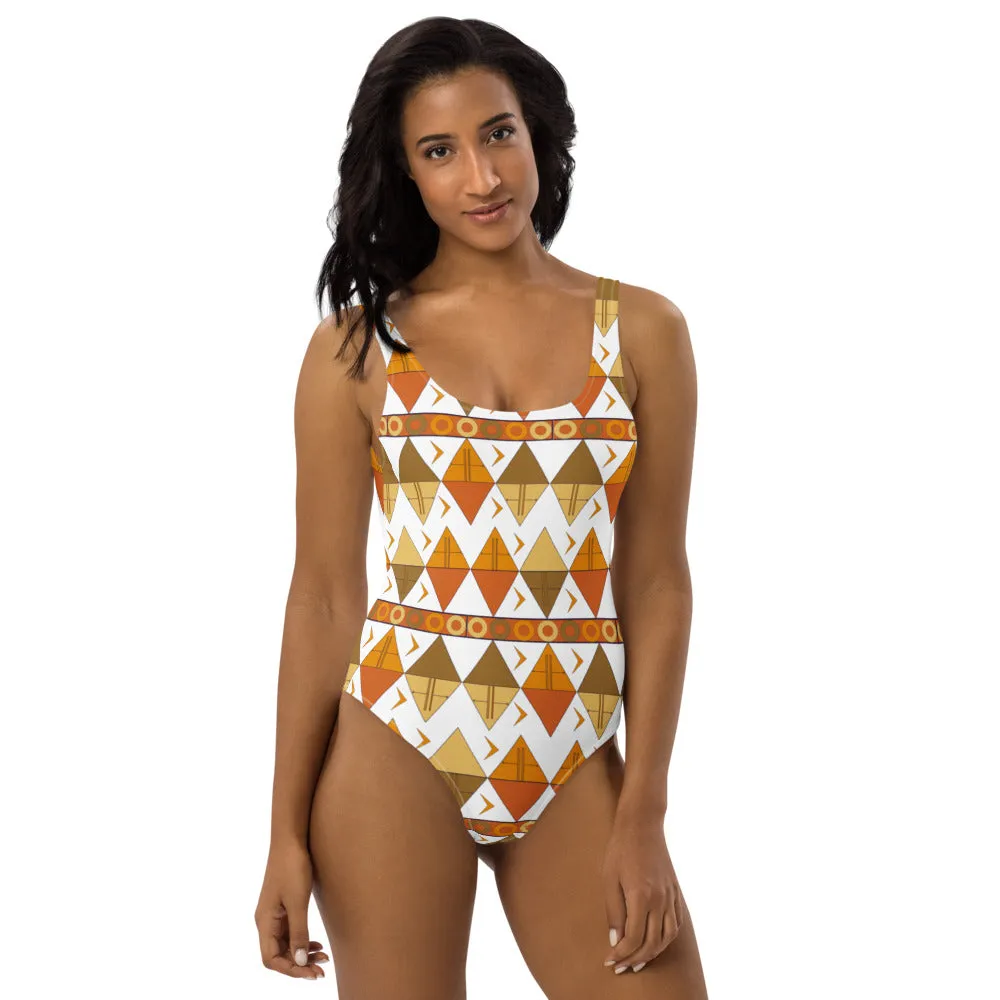 African Tribal Print One-Piece Swimsuit - Earthy/White