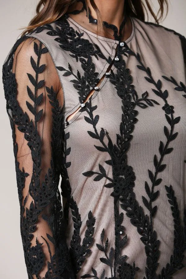 Alluring Ways Black Embroidered Long Sleeve Mini Dress