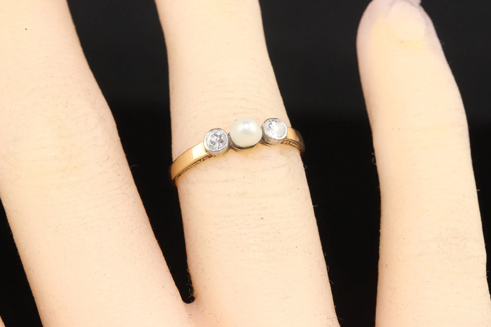 Antique Art Deco 14K Yellow Gold Old Euro Diamond and Pearl Three Stone Ring