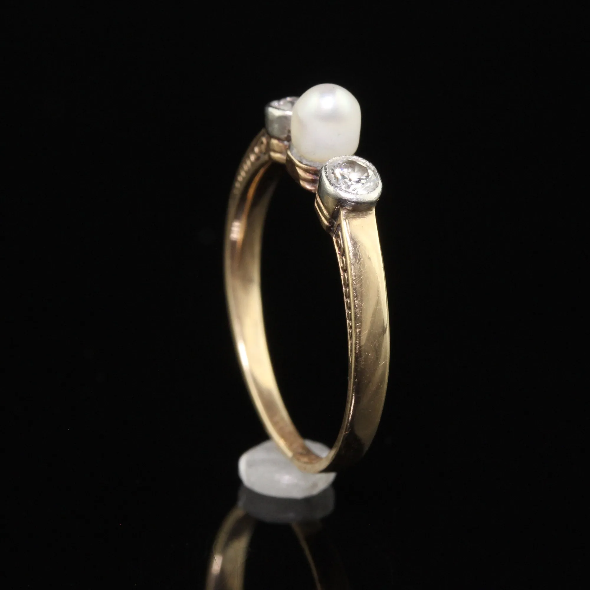 Antique Art Deco 14K Yellow Gold Old Euro Diamond and Pearl Three Stone Ring