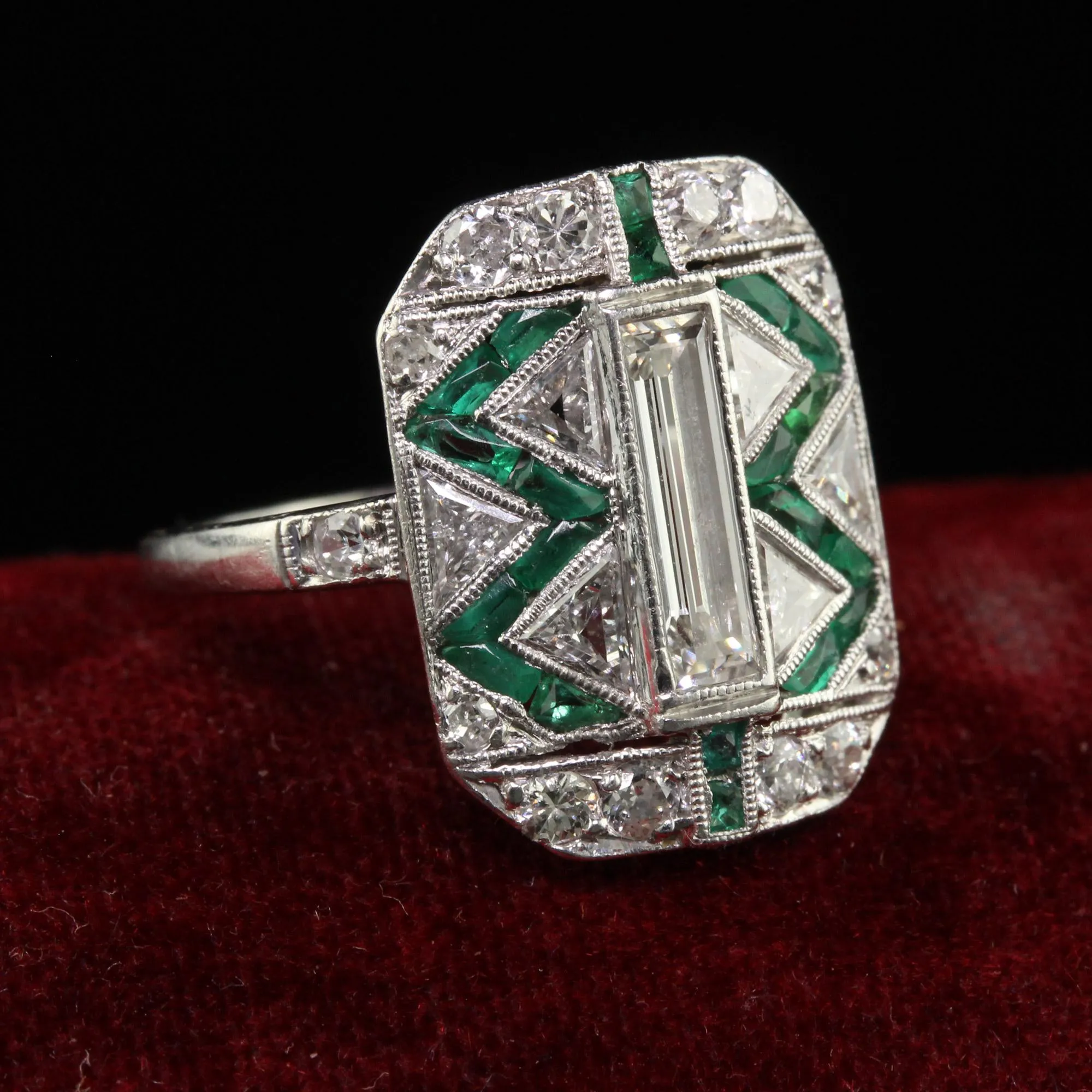 Antique Art Deco Cartier Old Baguette Diamond and Emerald Cocktail Ring