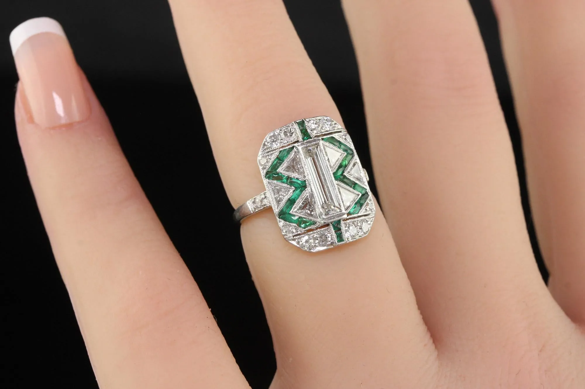 Antique Art Deco Cartier Old Baguette Diamond and Emerald Cocktail Ring