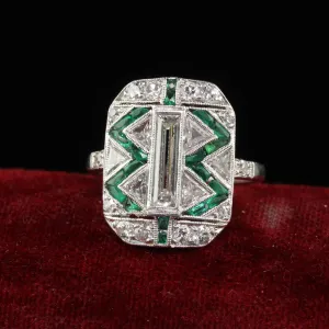 Antique Art Deco Cartier Old Baguette Diamond and Emerald Cocktail Ring