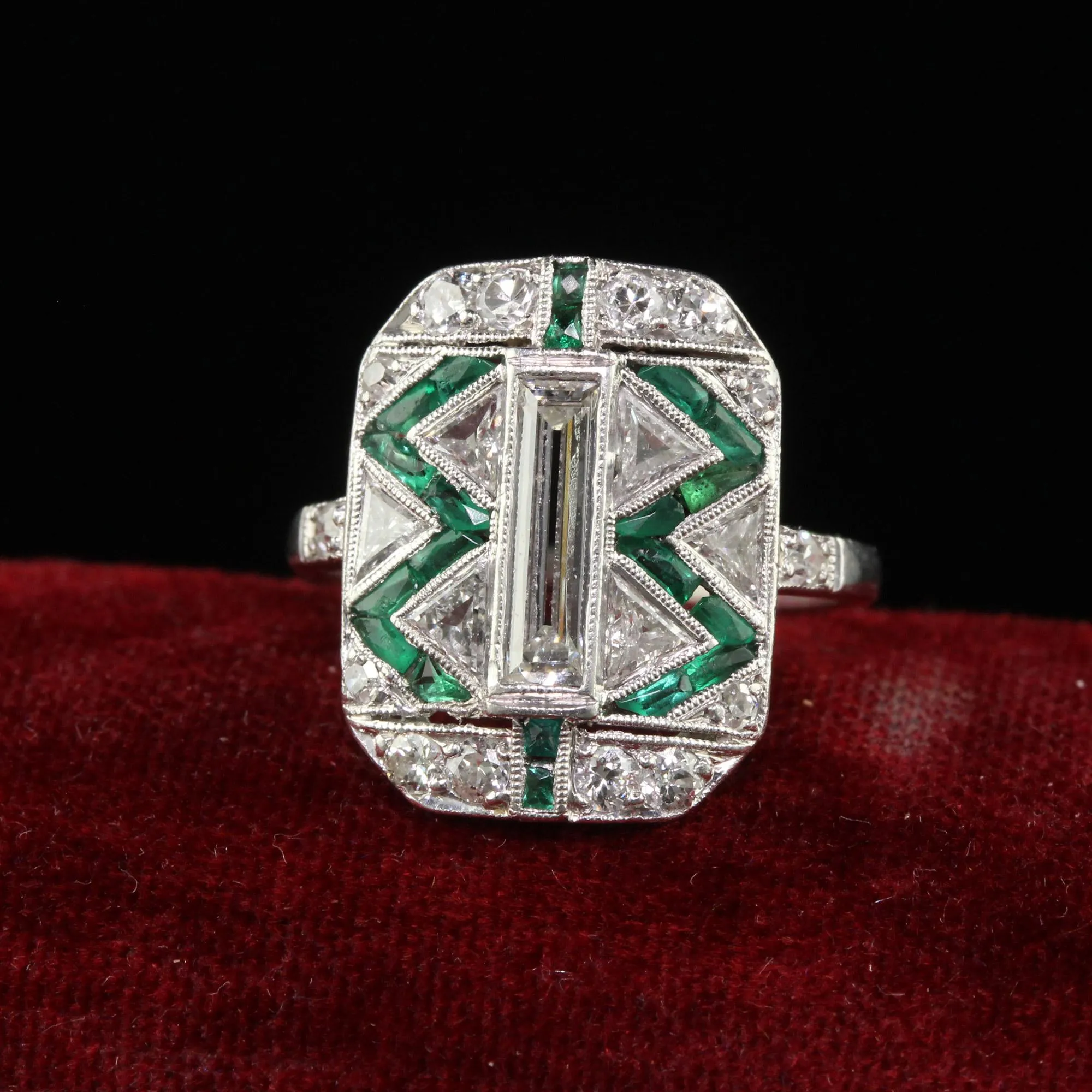 Antique Art Deco Cartier Old Baguette Diamond and Emerald Cocktail Ring