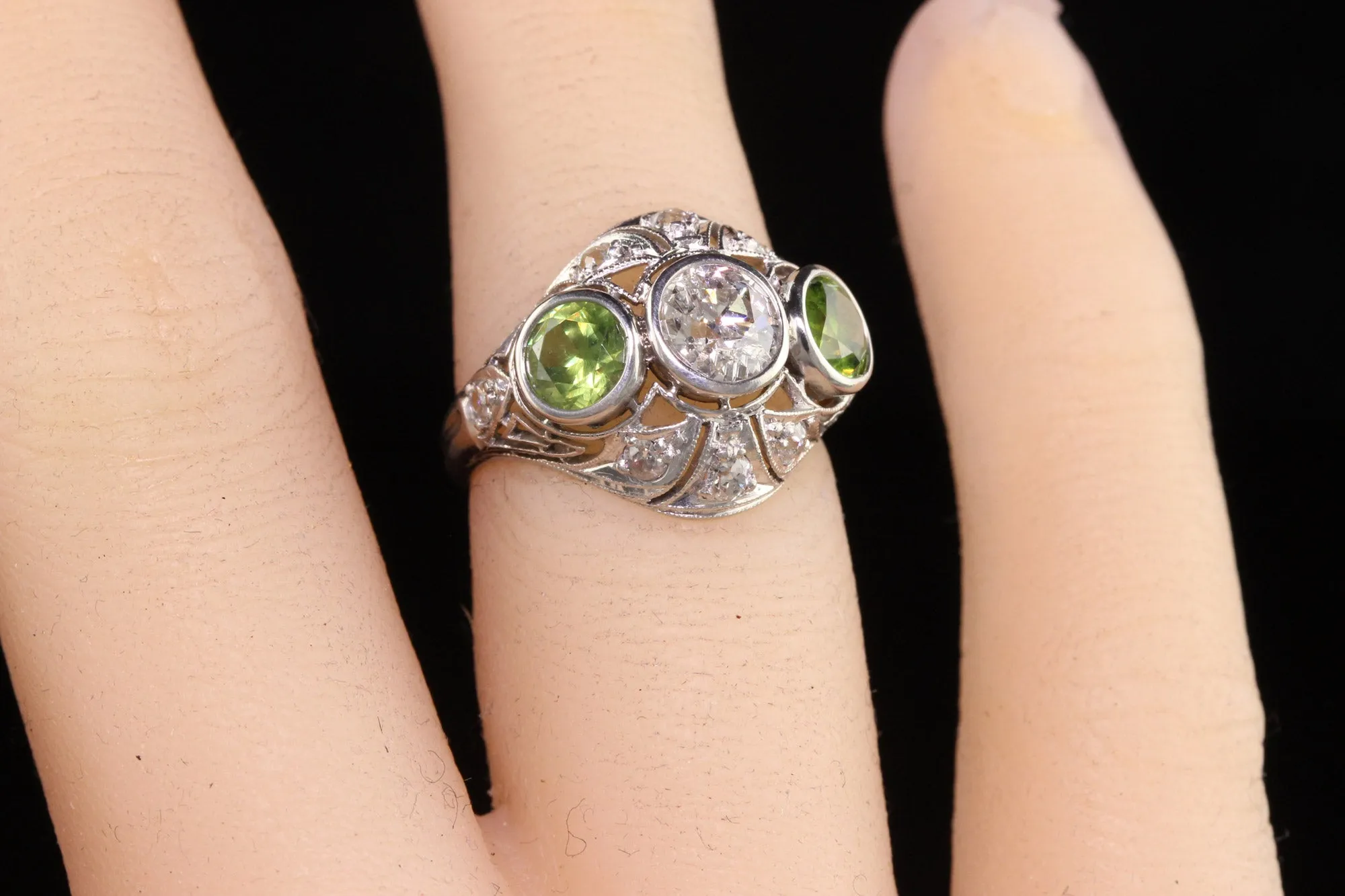 Antique Art Deco Platinum Demantoid Garnet and Diamond Three Stone Ring