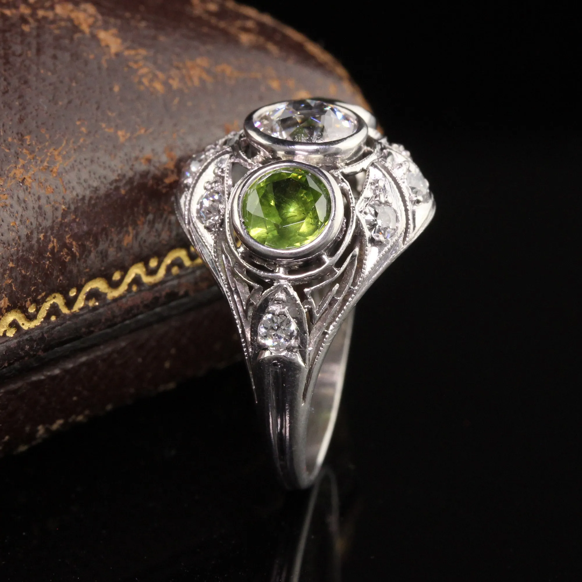 Antique Art Deco Platinum Demantoid Garnet and Diamond Three Stone Ring