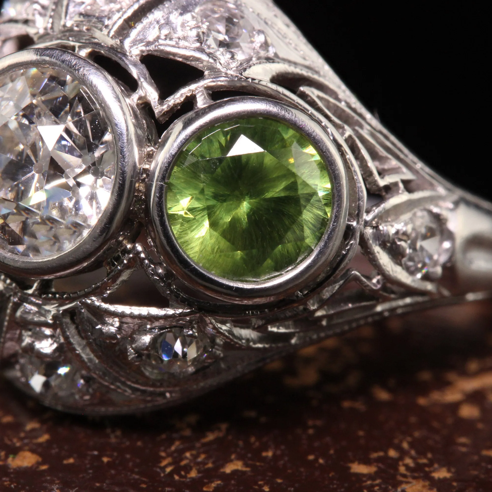 Antique Art Deco Platinum Demantoid Garnet and Diamond Three Stone Ring