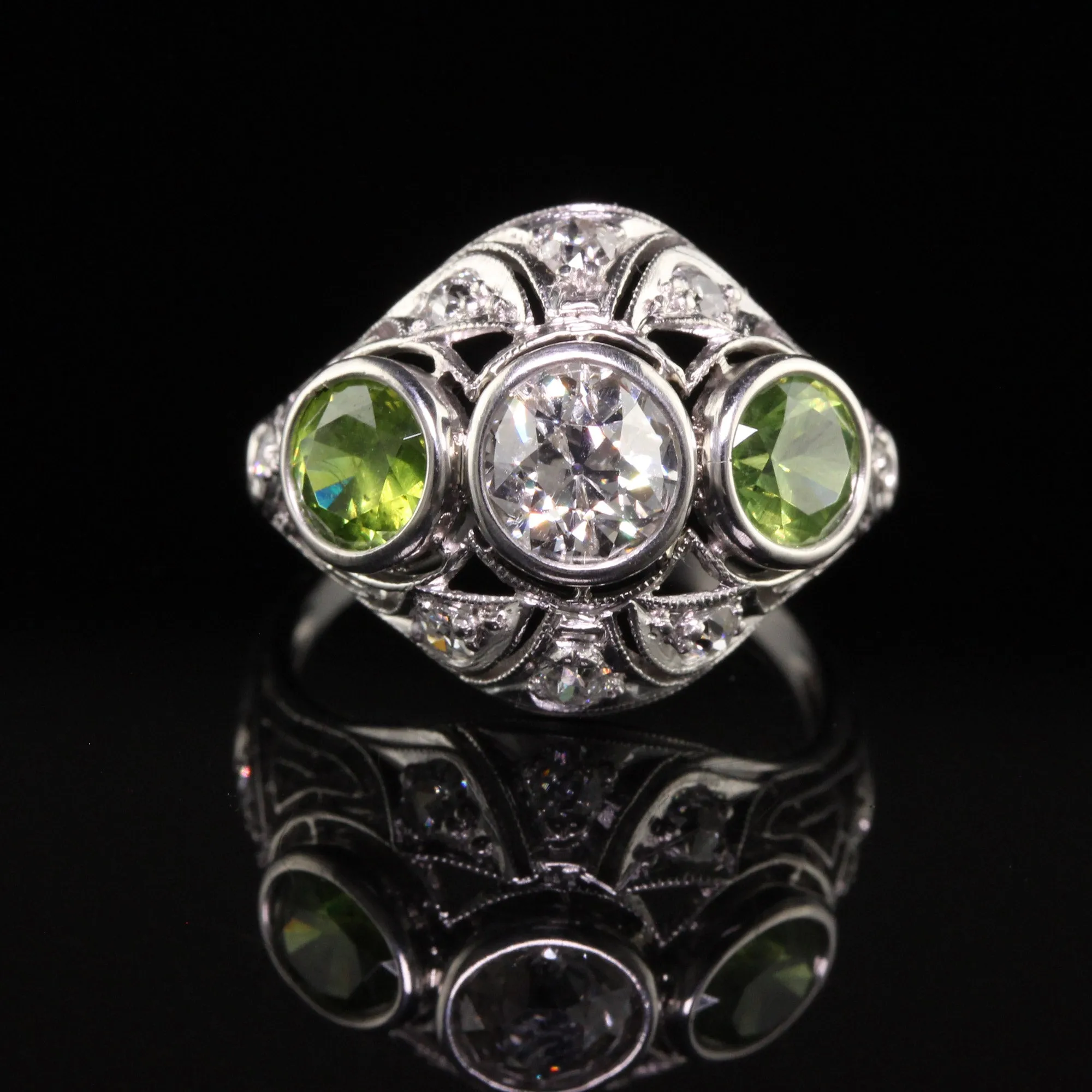 Antique Art Deco Platinum Demantoid Garnet and Diamond Three Stone Ring