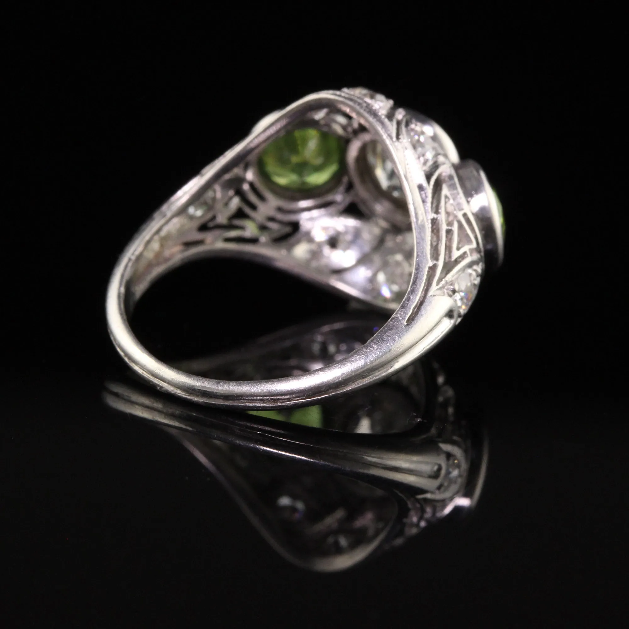 Antique Art Deco Platinum Demantoid Garnet and Diamond Three Stone Ring