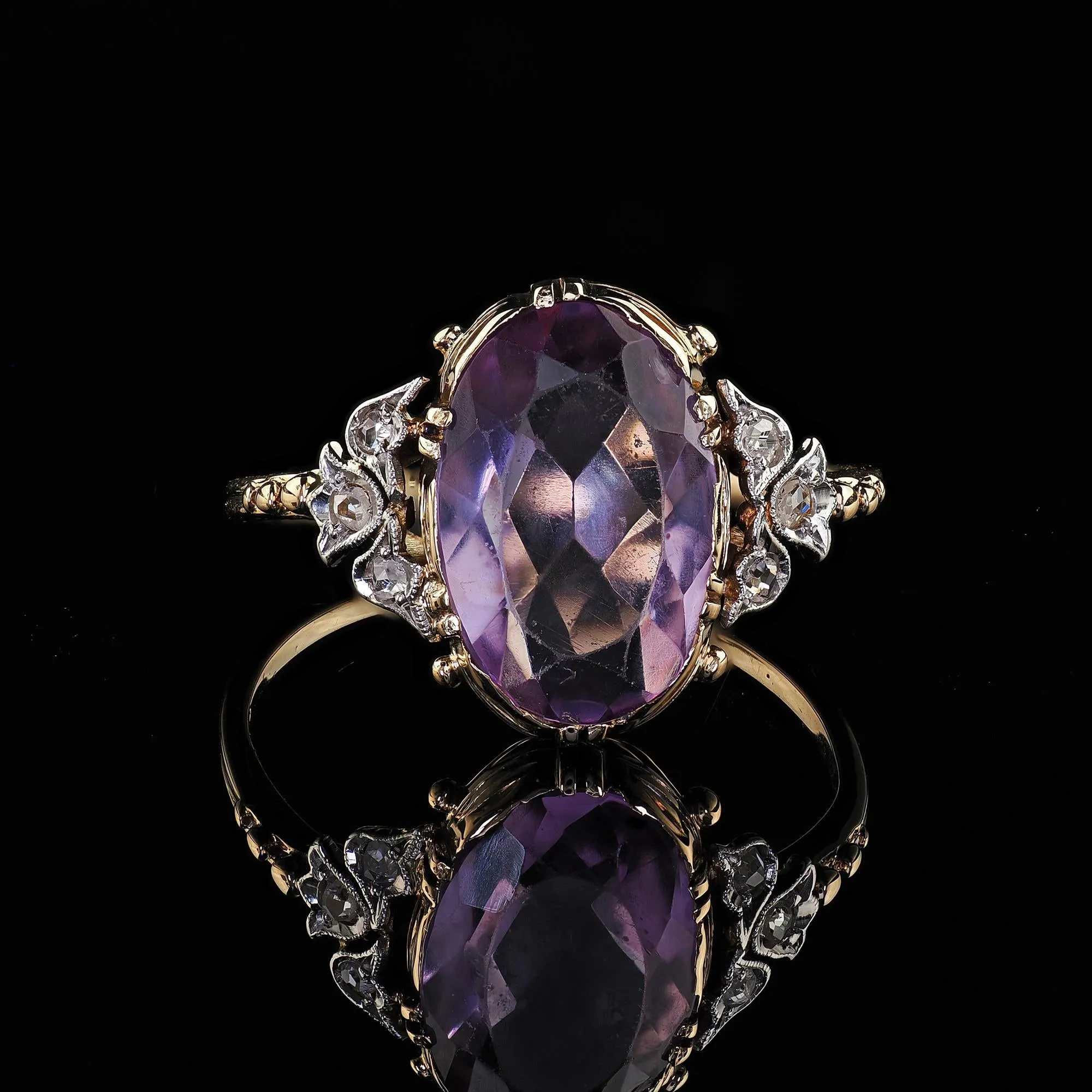 Antique Edwardian 14K Gold and Platinum Amethyst Diamond Engagement Ring