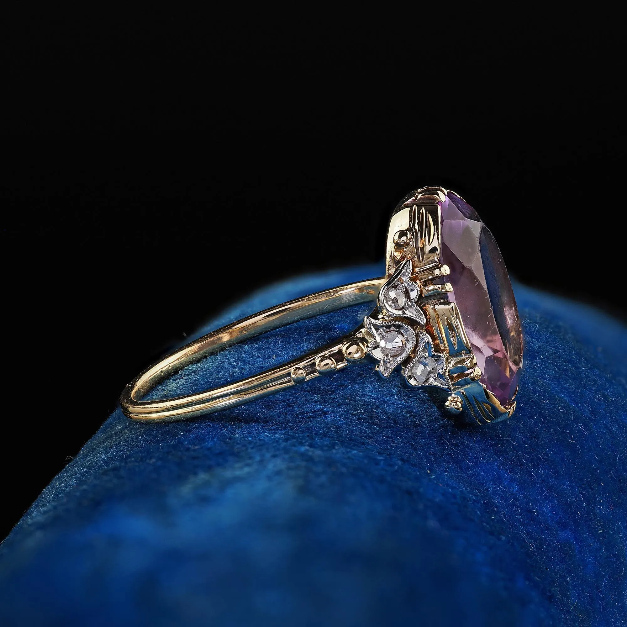 Antique Edwardian 14K Gold and Platinum Amethyst Diamond Engagement Ring