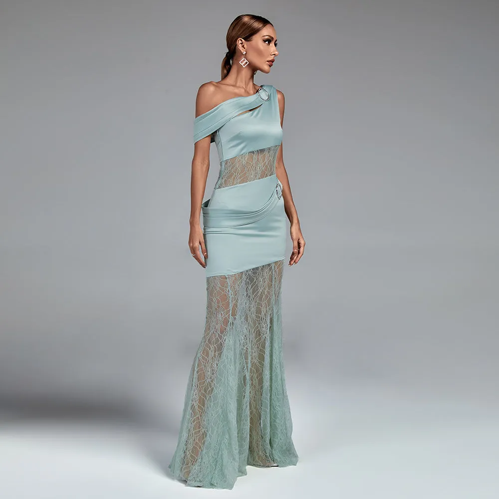 Asymmetric Buckled Lace and Satin Maxi Dress