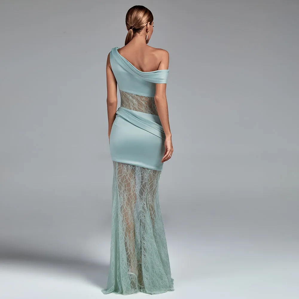 Asymmetric Buckled Lace and Satin Maxi Dress