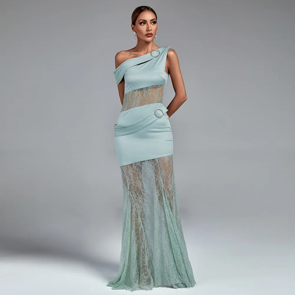 Asymmetric Buckled Lace and Satin Maxi Dress