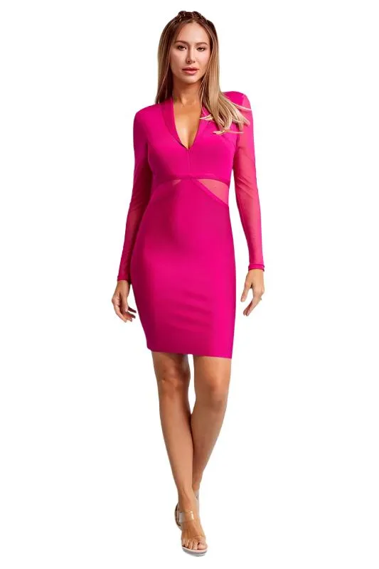 Bandage Long Sleeve Mini Dress with Mesh Cutouts