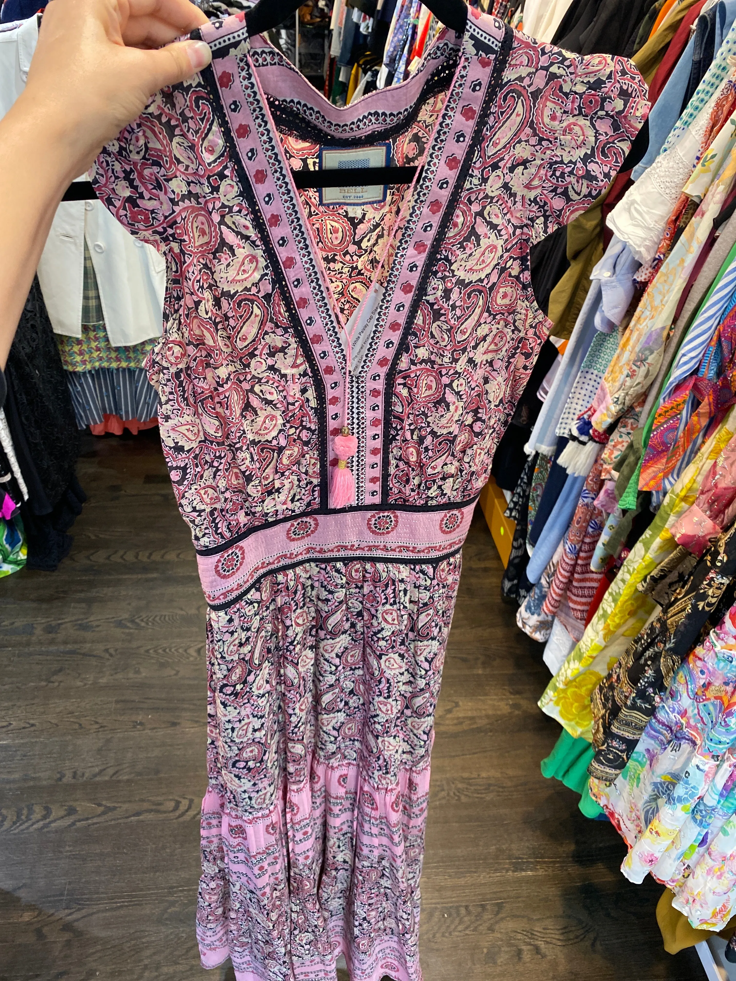 BELL Pink, Black and White Paisely Cap Sleeve Maxi Dress