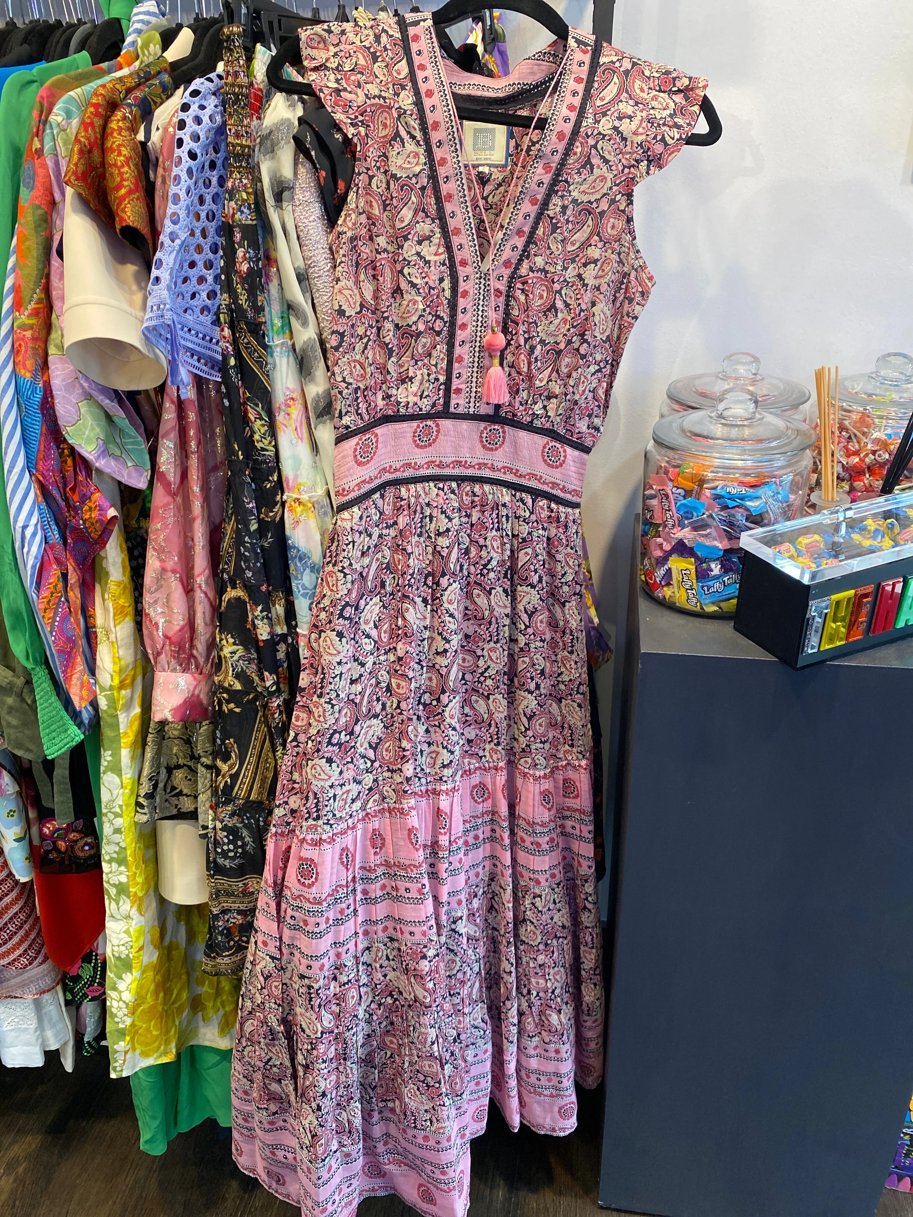 BELL Pink, Black and White Paisely Cap Sleeve Maxi Dress