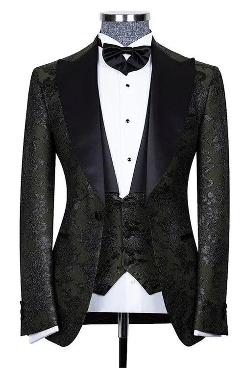Bespoke Black Three Pieces Jacquard Peaked Lapel Wedding Groom Suits