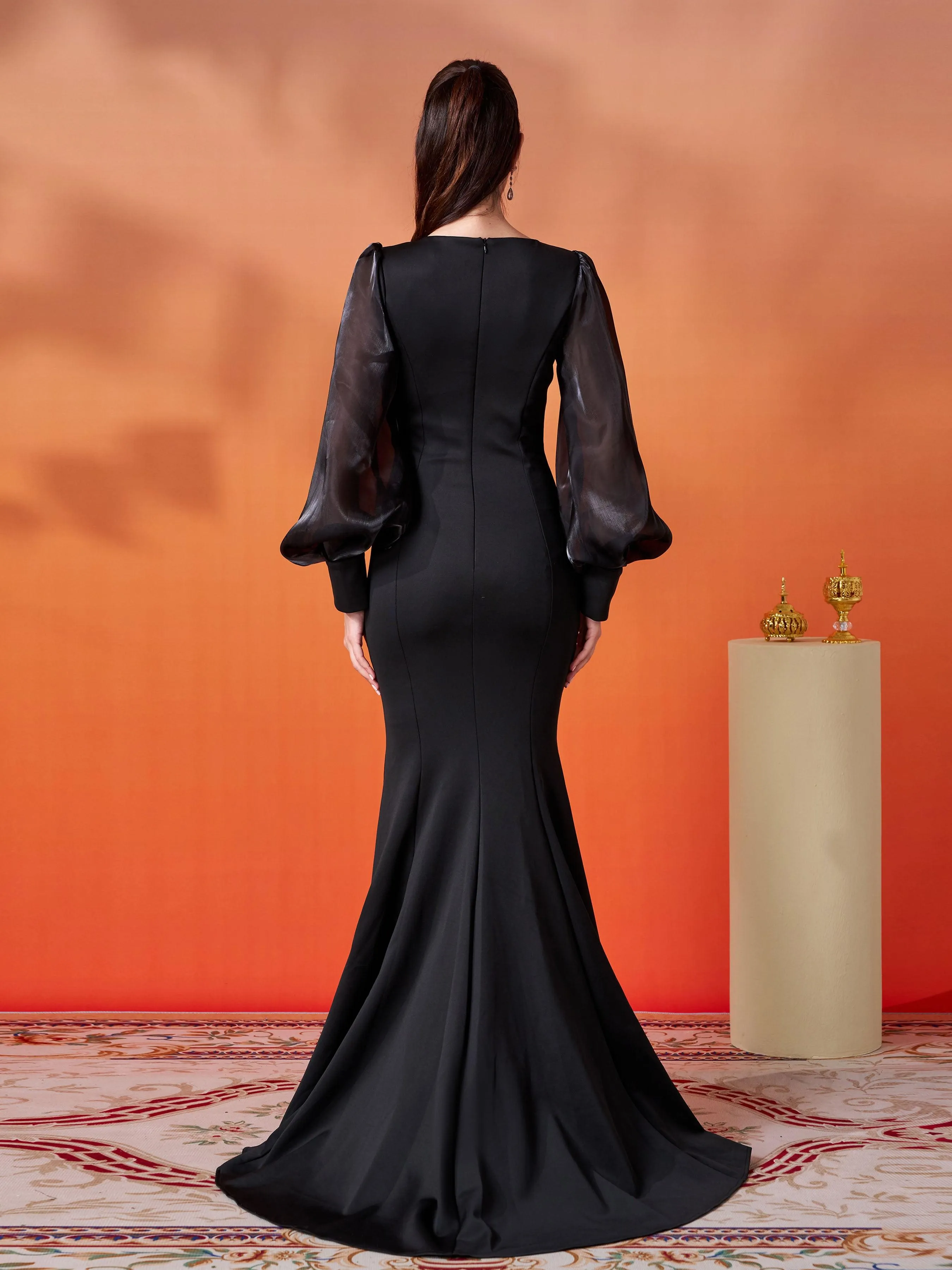 Black Embroidery Floor Length Puff Sleeve Dress DH80308