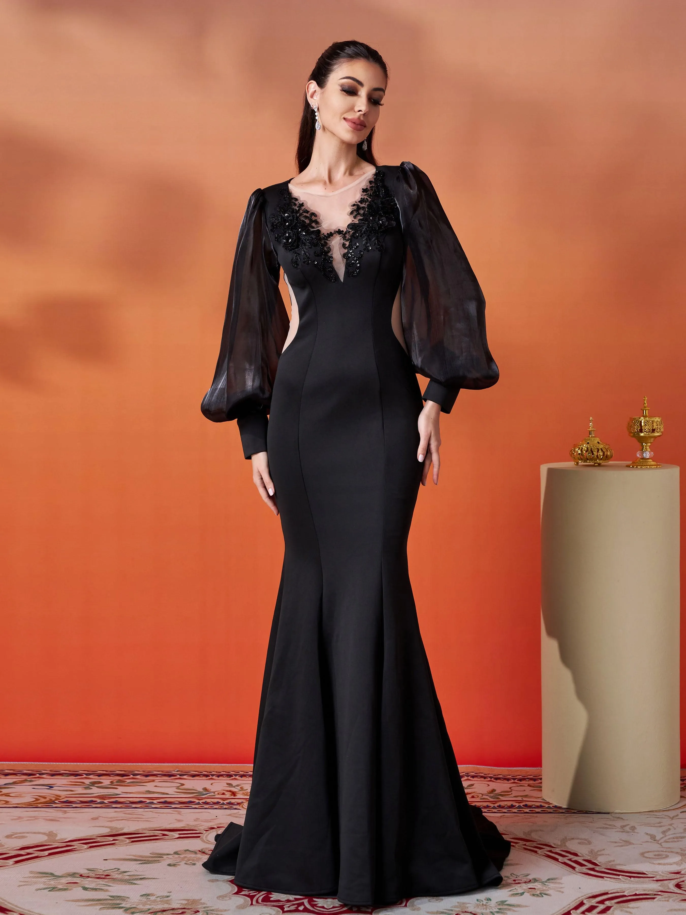 Black Embroidery Floor Length Puff Sleeve Dress DH80308