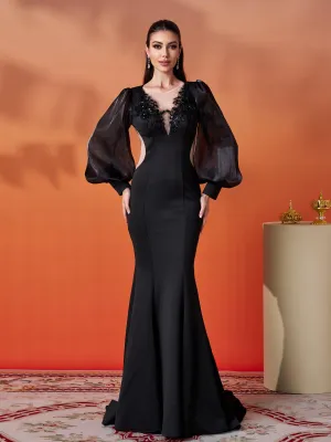 Black Embroidery Floor Length Puff Sleeve Dress DH80308