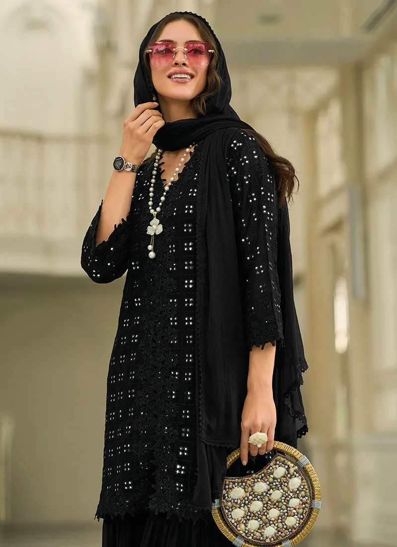 Black Mirror And Lace Work Embroidery Gharara Style Suit
