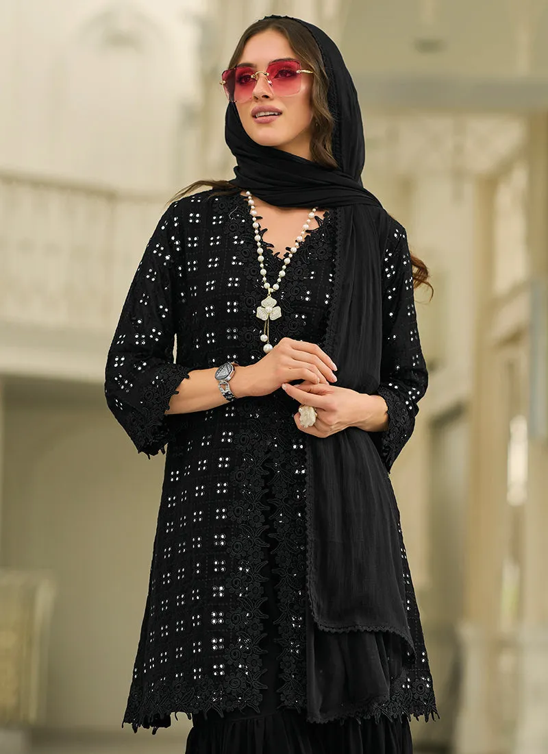 Black Mirror And Lace Work Embroidery Gharara Style Suit