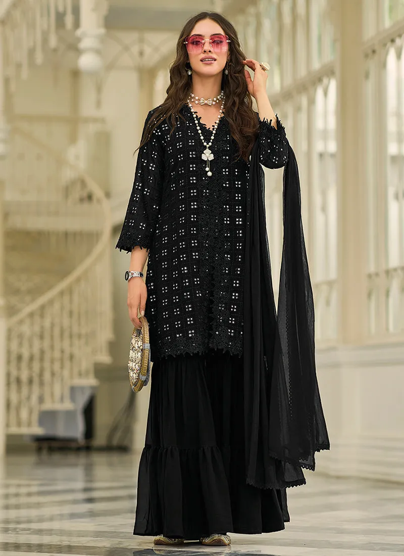 Black Mirror And Lace Work Embroidery Gharara Style Suit