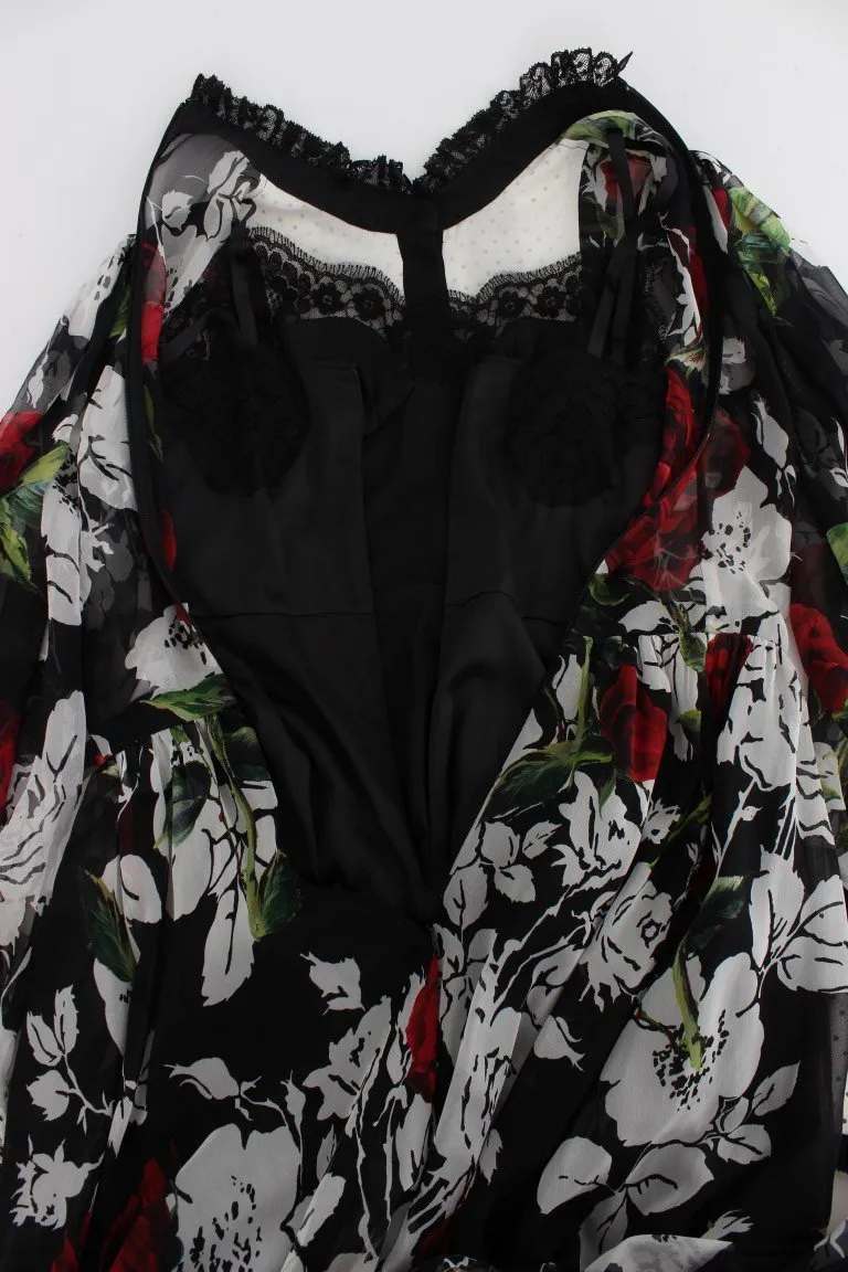 Black Silk Multicolor Roses Print Dress