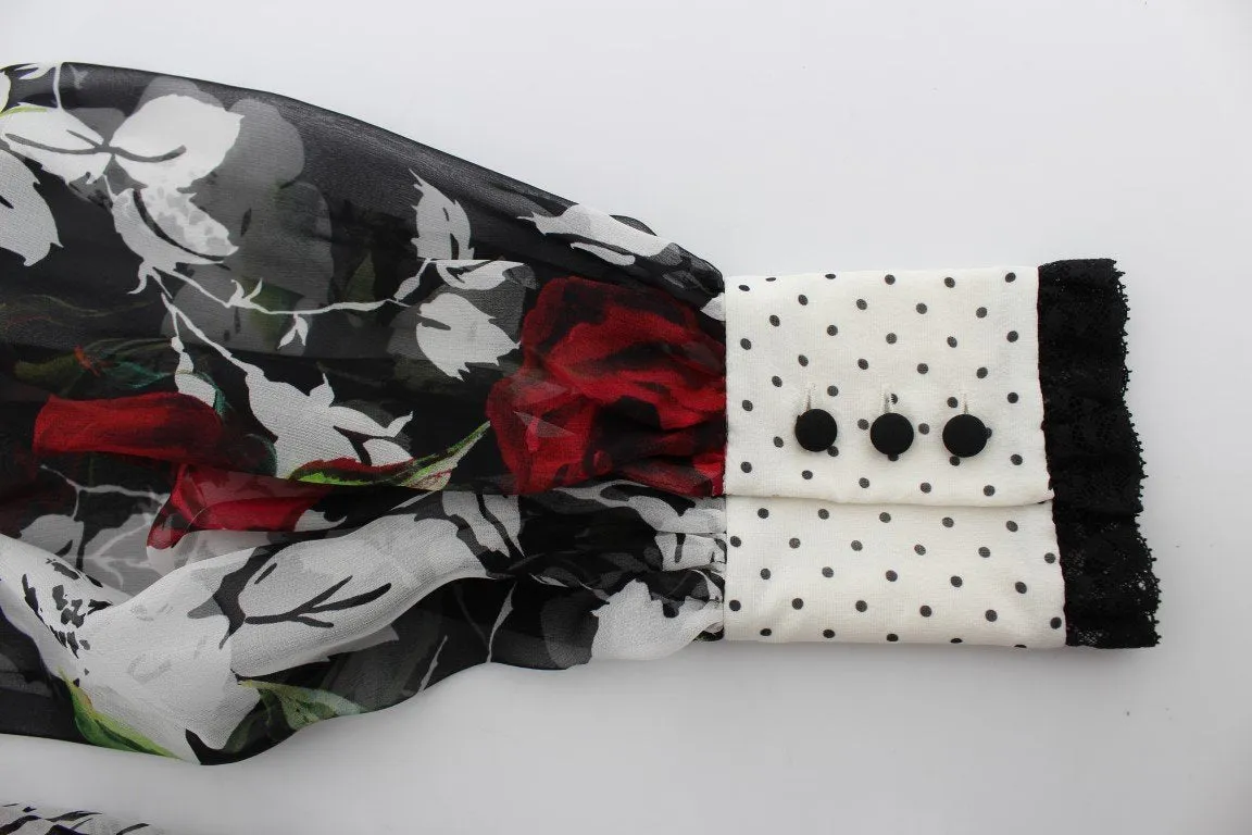 Black Silk Multicolor Roses Print Dress