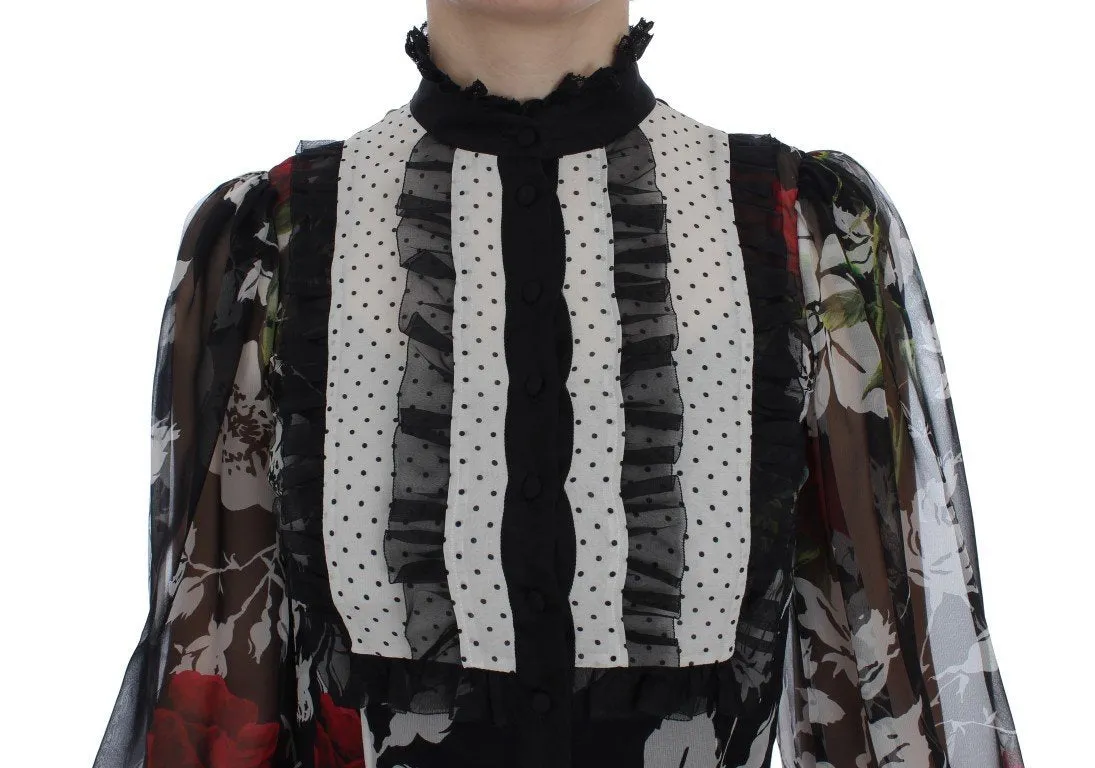 Black Silk Multicolor Roses Print Dress