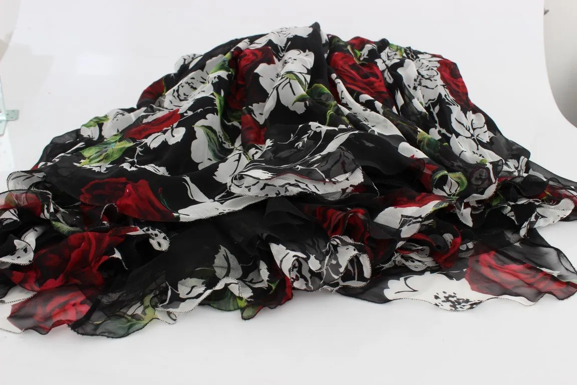 Black Silk Multicolor Roses Print Dress