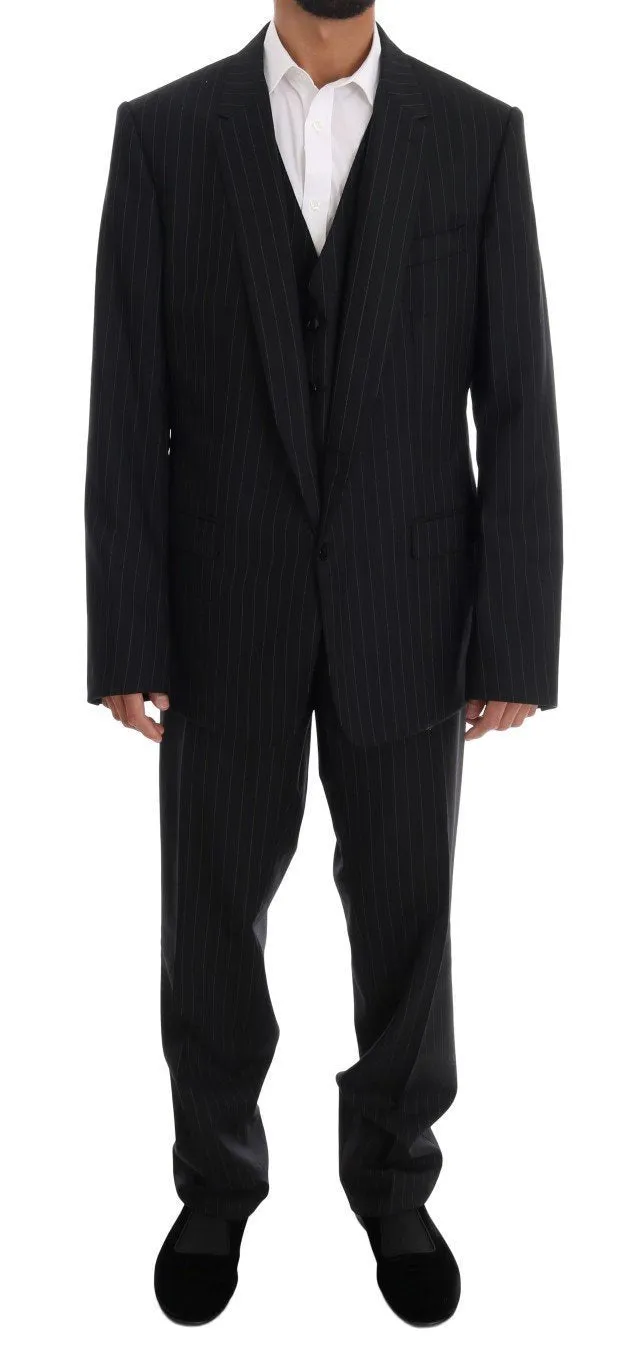 Black Striped Wool One Button 3 Piece Suit