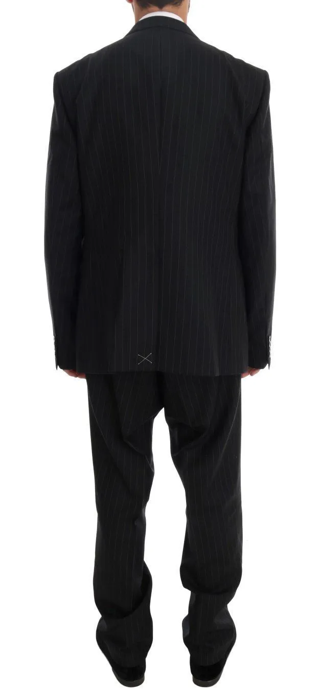 Black Striped Wool One Button 3 Piece Suit