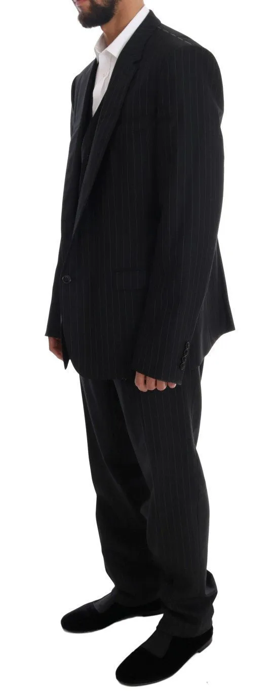 Black Striped Wool One Button 3 Piece Suit