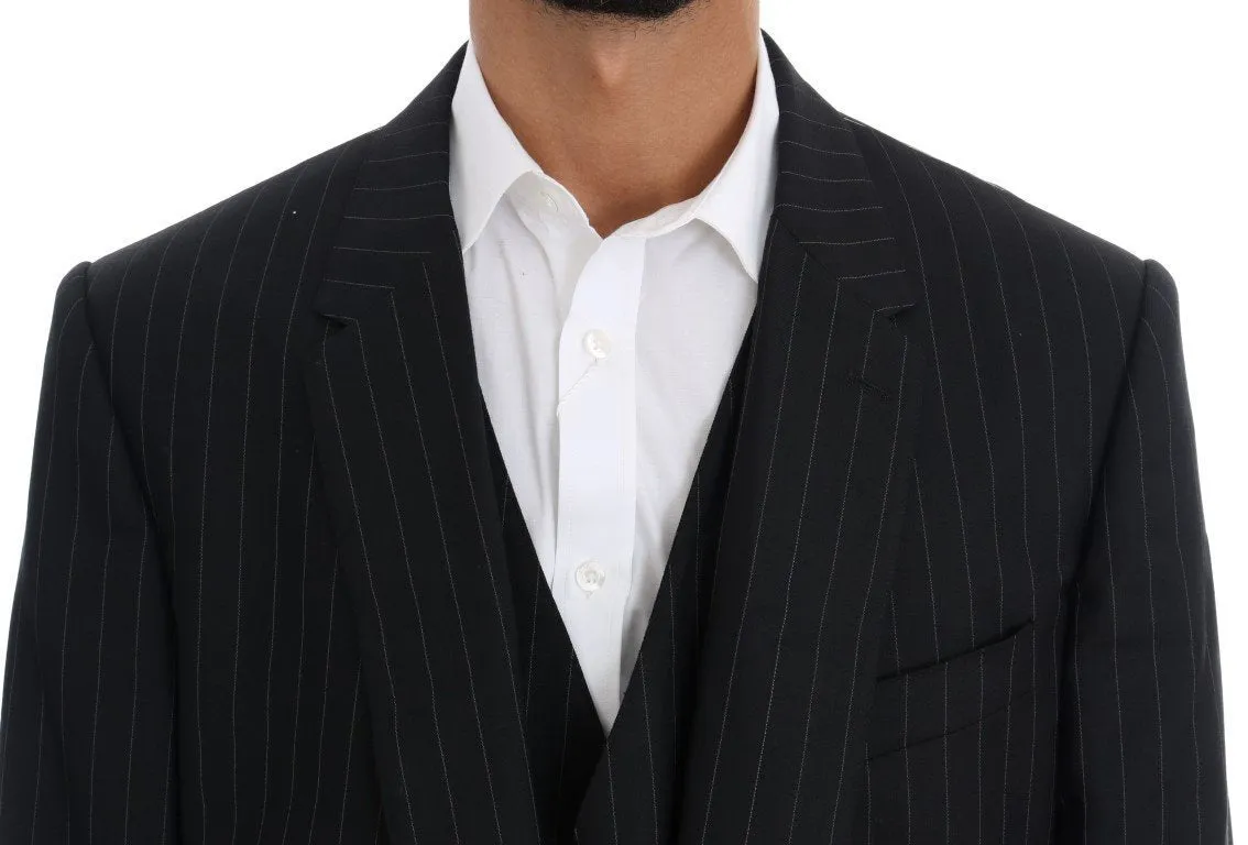 Black Striped Wool One Button 3 Piece Suit
