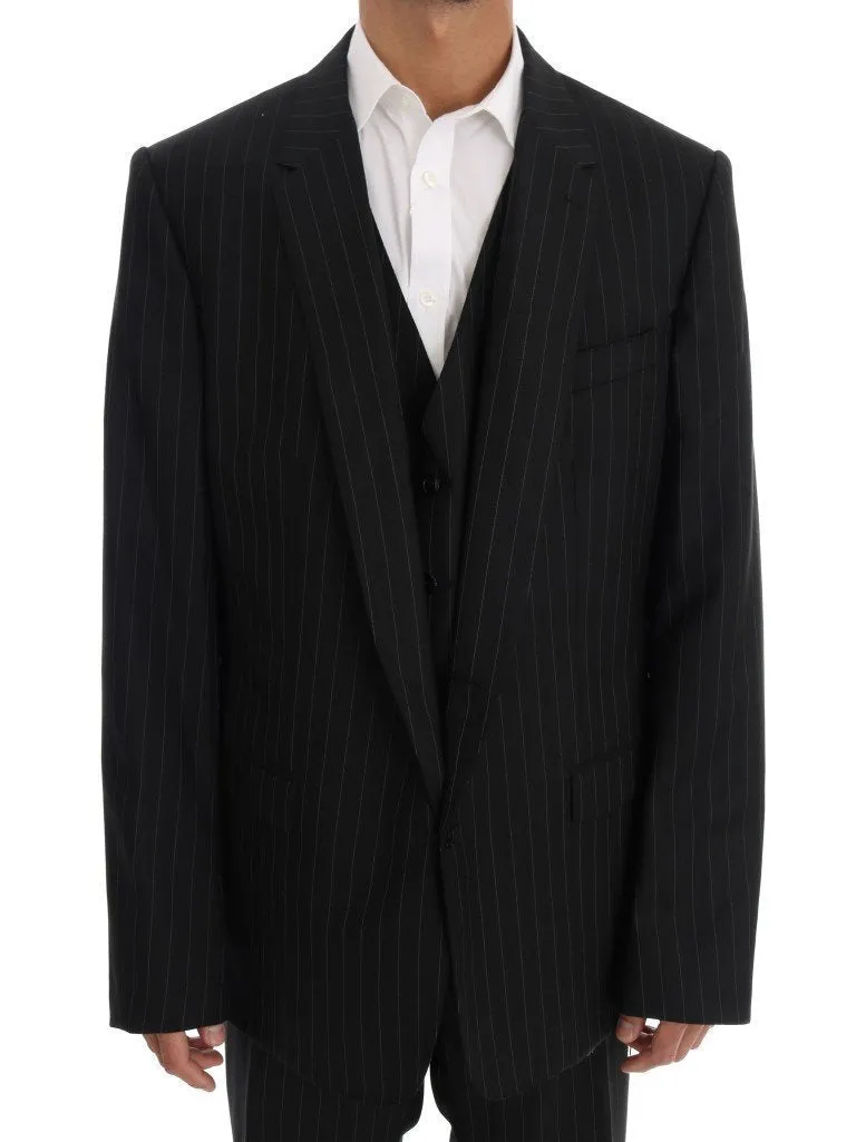 Black Striped Wool One Button 3 Piece Suit