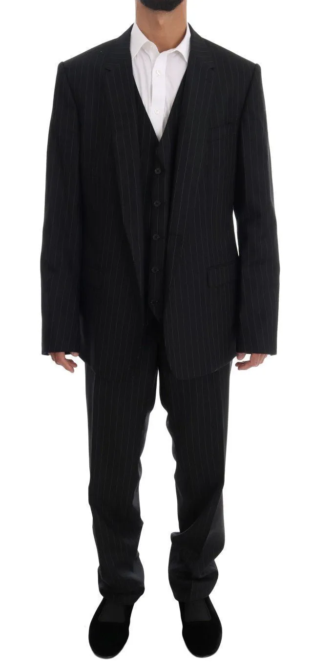 Black Striped Wool One Button 3 Piece Suit