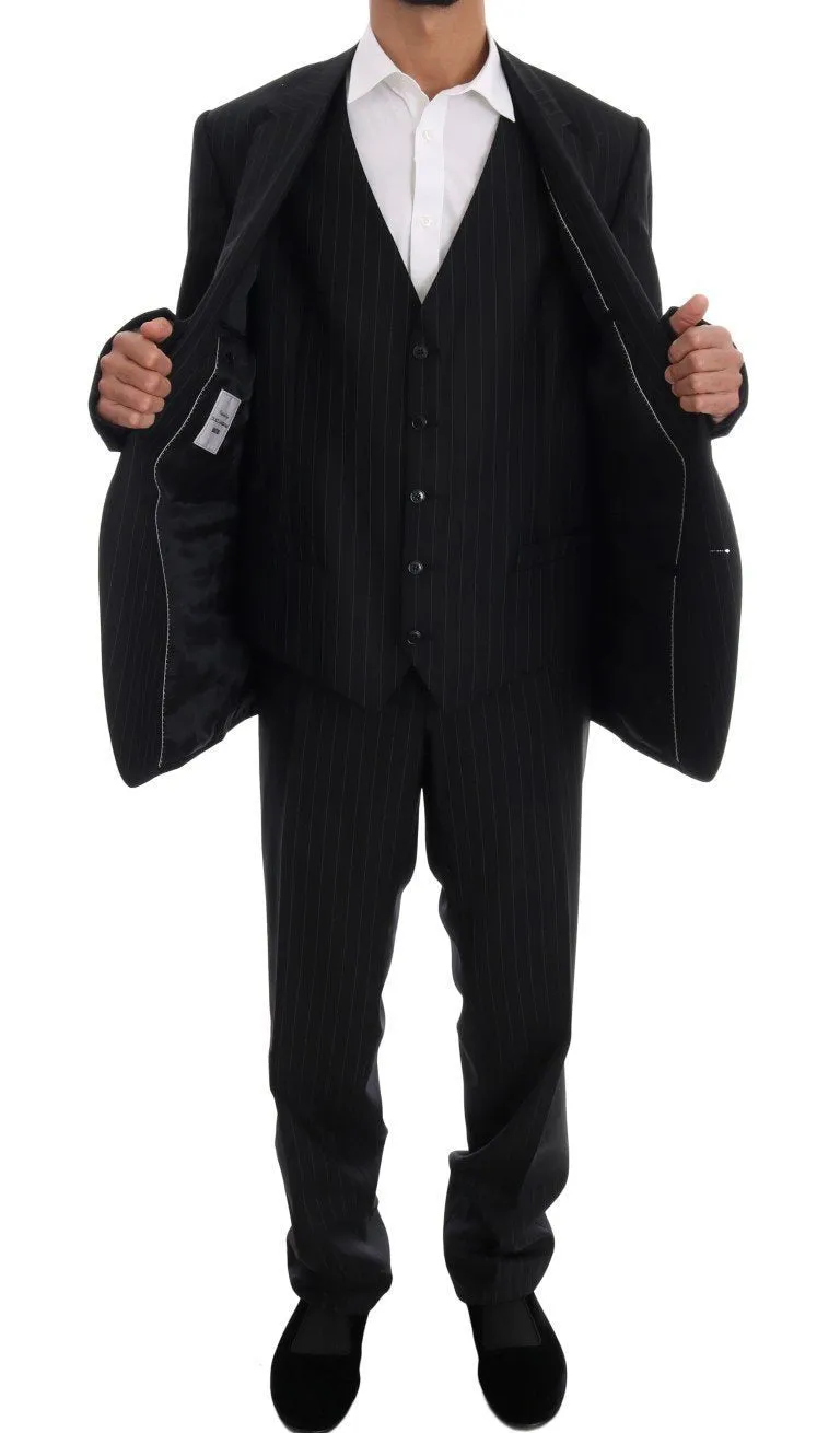 Black Striped Wool One Button 3 Piece Suit