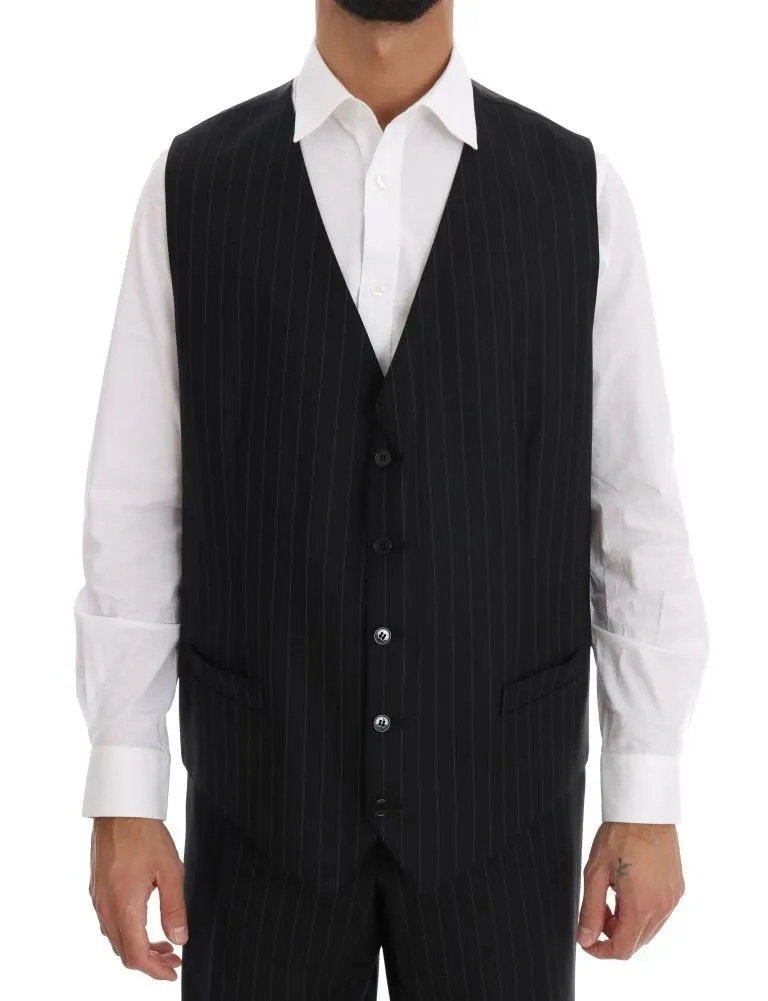 Black Striped Wool One Button 3 Piece Suit